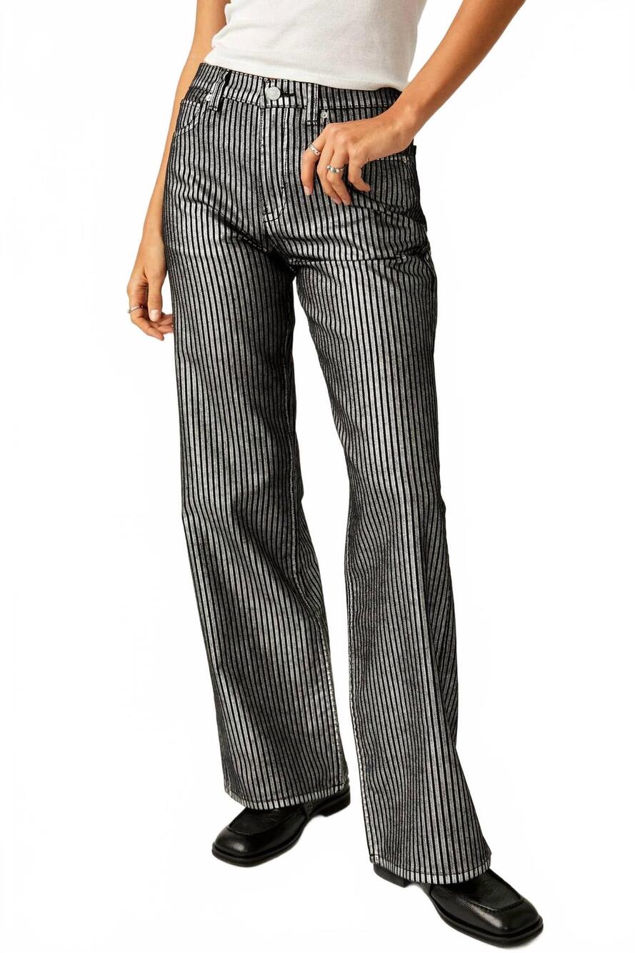 NEW FREE PEOPLE tinsley baggy jeans in metallic stripe